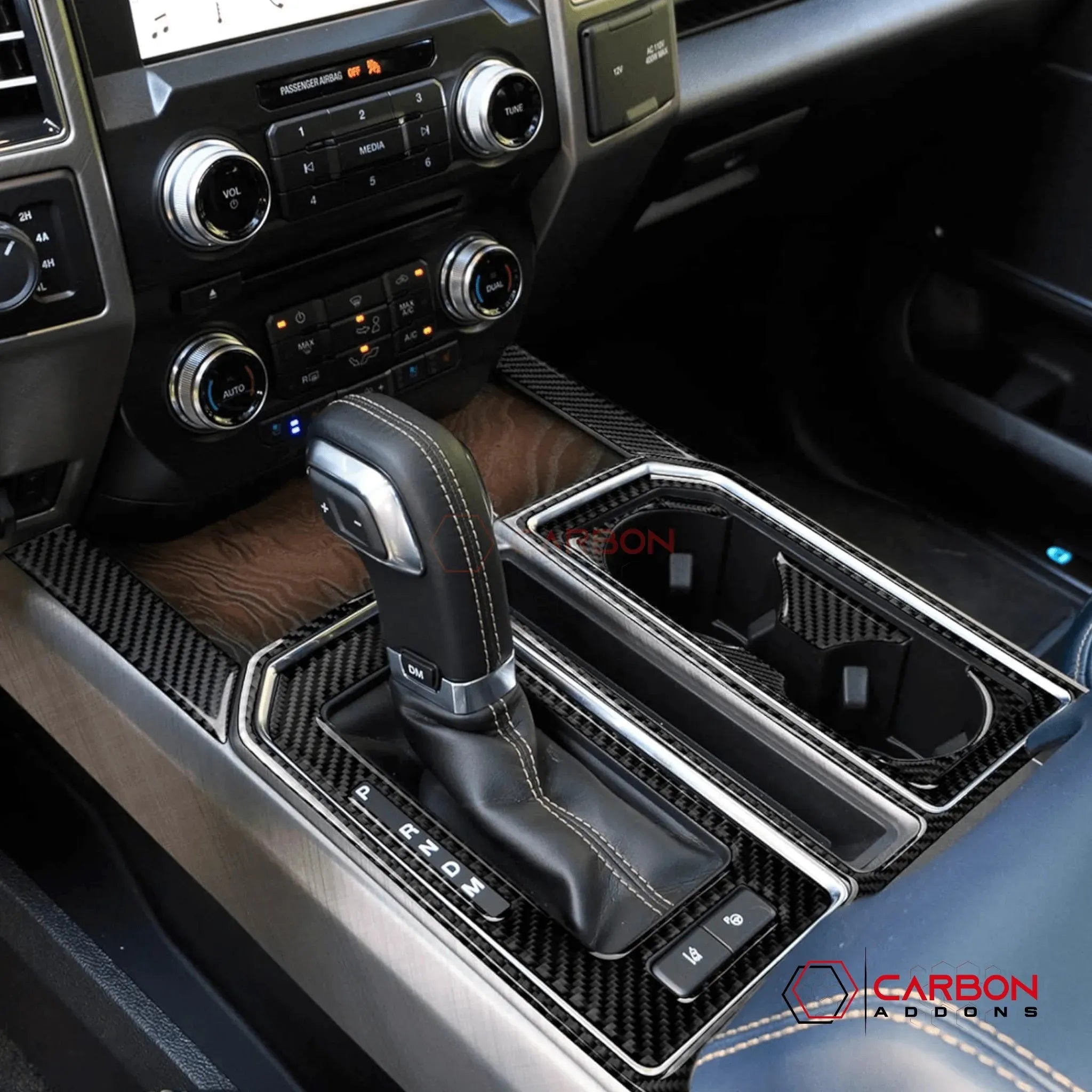 [2pcs] Real Carbon Fiber Center Console Storage Trim Compartment Trim Overlay | 2015-2020 Ford F150 - carbonaddons Carbon Fiber Parts, Accessories, Upgrades, Mods