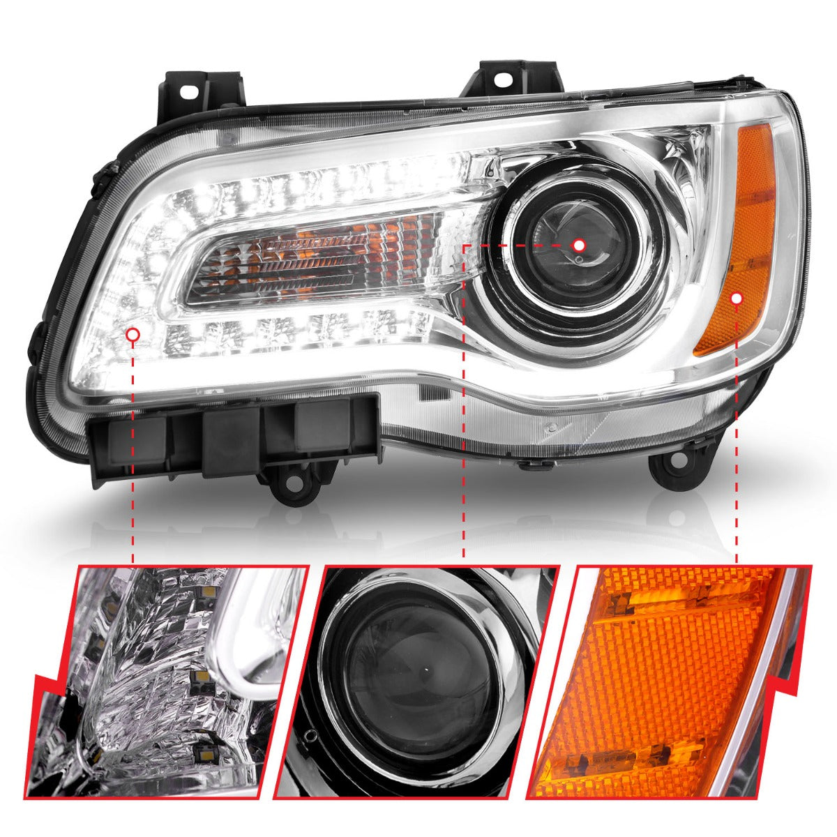 CHRYSLER 300 11-14 PROJECTOR PLANK STYLE HEADLIGHTS CHROME (FOR HALOGEN ONLY)
