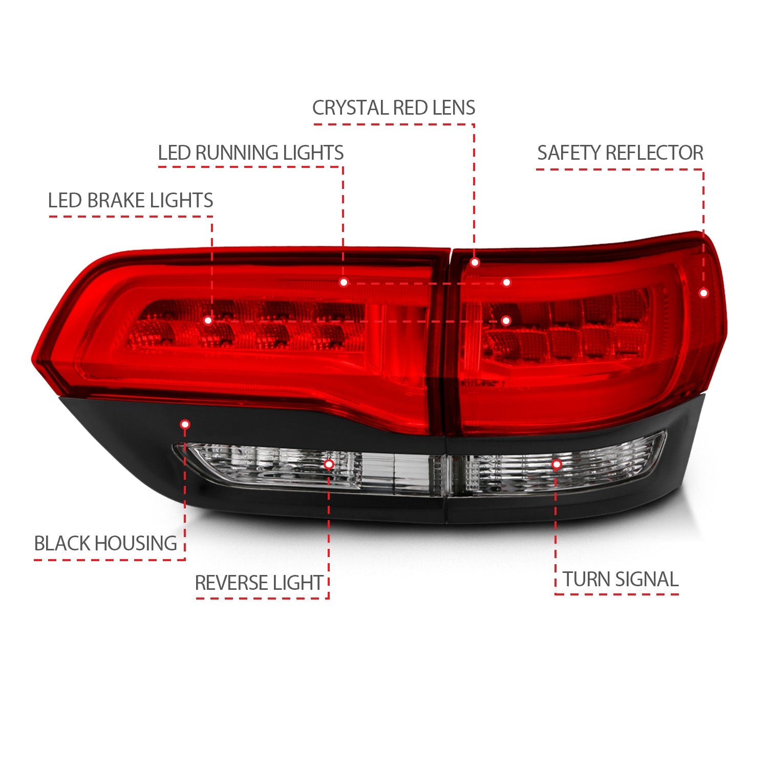 JEEP GRAND CHEROKEE 14-22 LED TAIL LIGHTS RED/CLEAR BLACK TRIM (4PCS)
