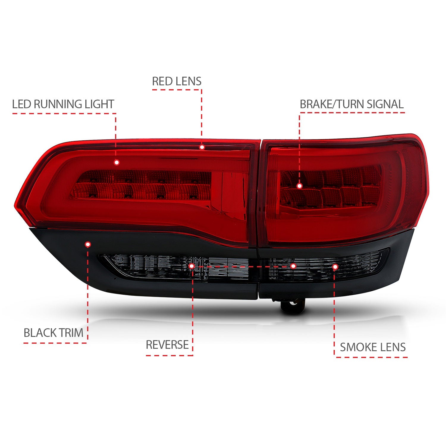 JEEP GRAND CHEROKEE 14-22 LED TAIL LIGHT RED/SMOKE LENS BLACK TRIM (4PCS)