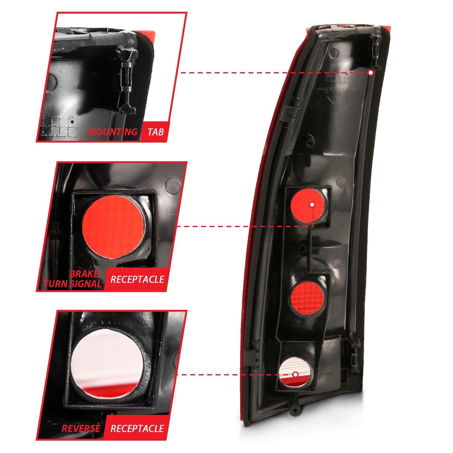 CHEVY/GMC C/K 1500/2500 88-98 / C/K 3500 88-00 / SUBURBAN 92-99 / TAHOE 95-99 / BLAZER (FULL SIZE) 92-94 / YUKON 92-99 / CADILLAC ESCALADE 99-00TAIL LIGHTS CHROME RED/CLEAR LENS (OE TYPE)