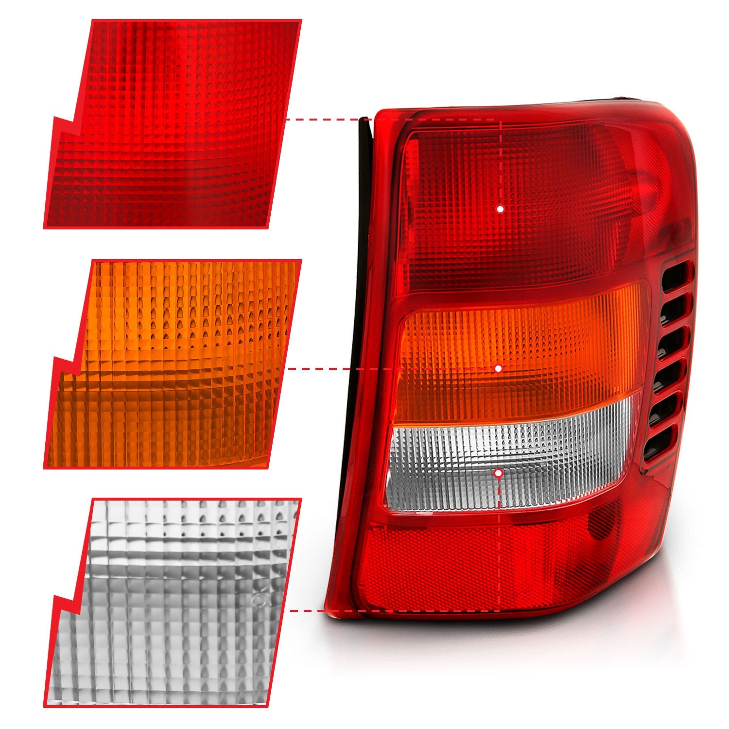 JEEP GRAND CHEROKEE 99-04 TAIL LIGHTS CHROME RED/CLEAR/AMBER LENS (OE TYPE REPLACEMENT)