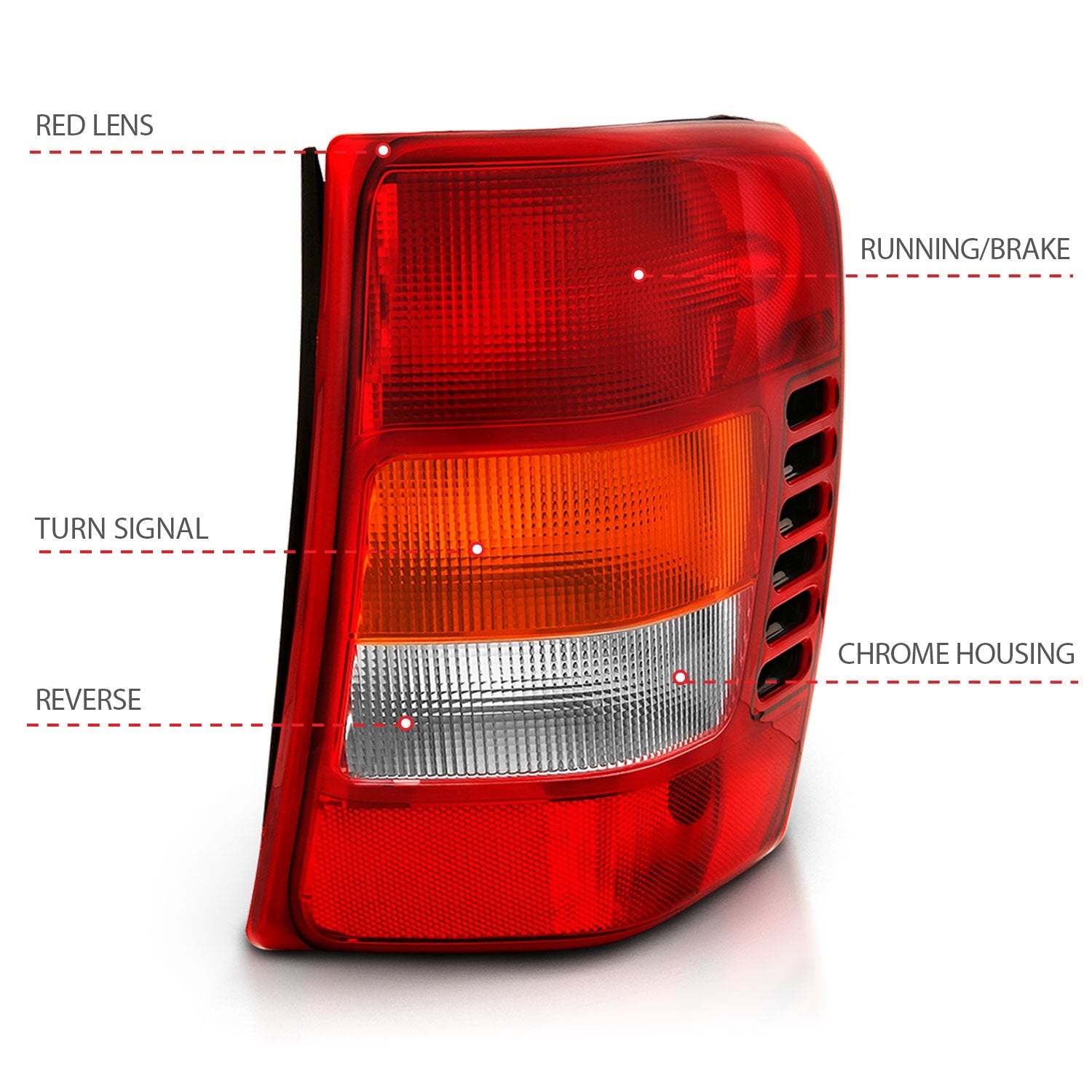 JEEP GRAND CHEROKEE 99-04 TAIL LIGHTS CHROME RED/CLEAR/AMBER LENS (OE TYPE REPLACEMENT)