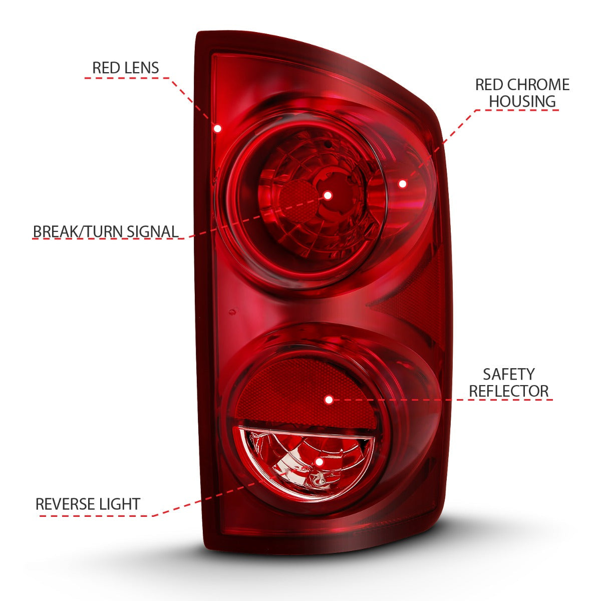 DODGE RAM 1500 07-08 RAM 2500/3500 07-09 TAIL LIGHT CHROME RED/CLEAR LENS (OE TYPE)