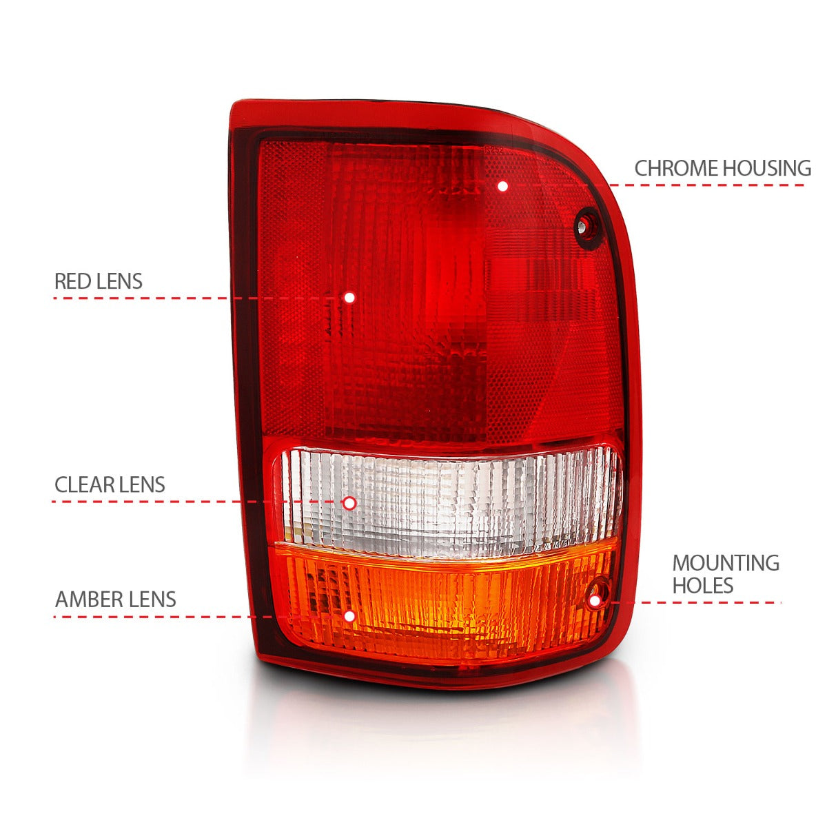FORD RANGER 93-97 TAIL LIGHT CHROME RED/CLEAR/AMBER LENS (OE TYPE)