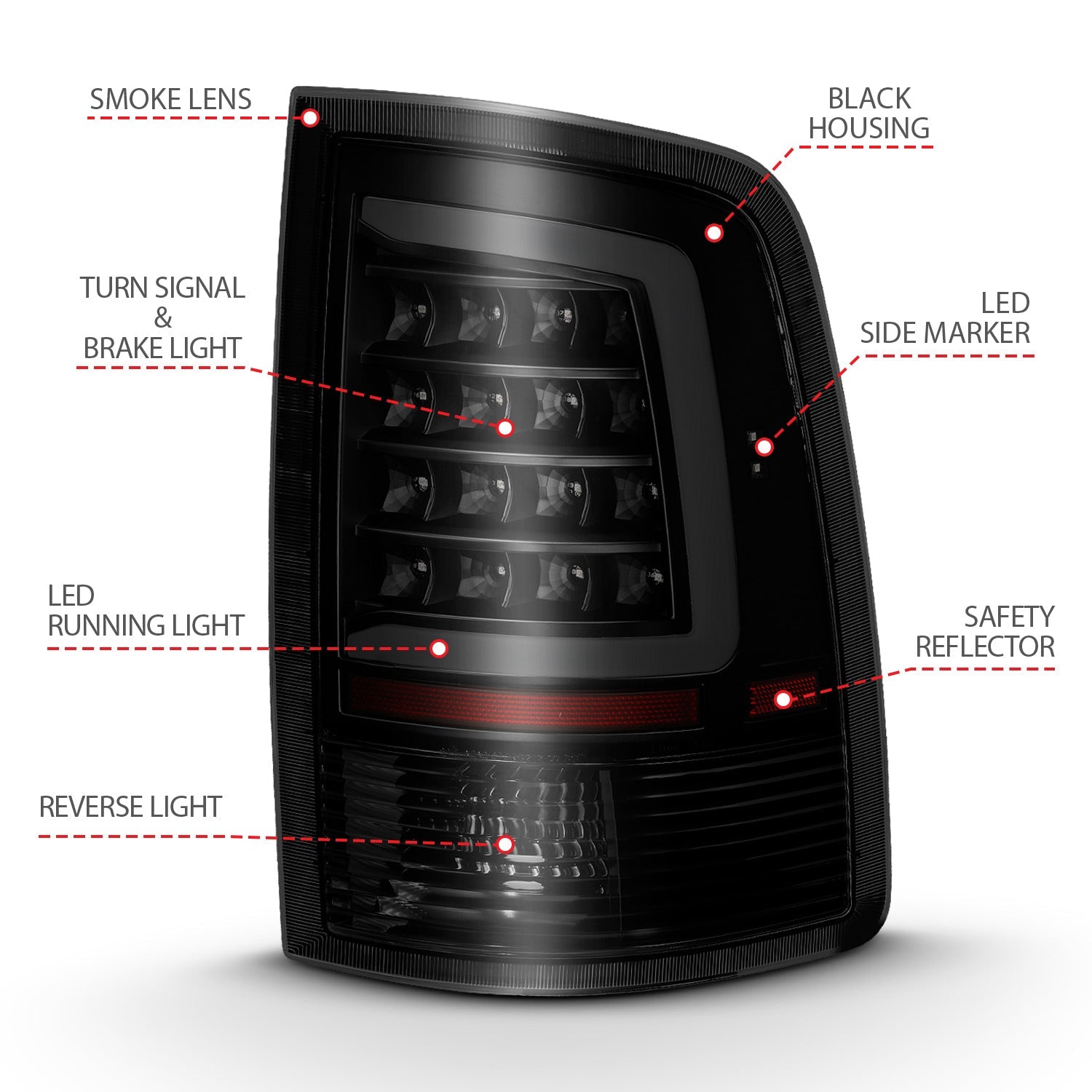 DODGE RAM 1500 09-18 / 2500 3500 10-18 LED C BAR TAIL LIGHTS BLACK SMOKE LENS (NOT FOR OE LED TAIL LIGHT MODELS)