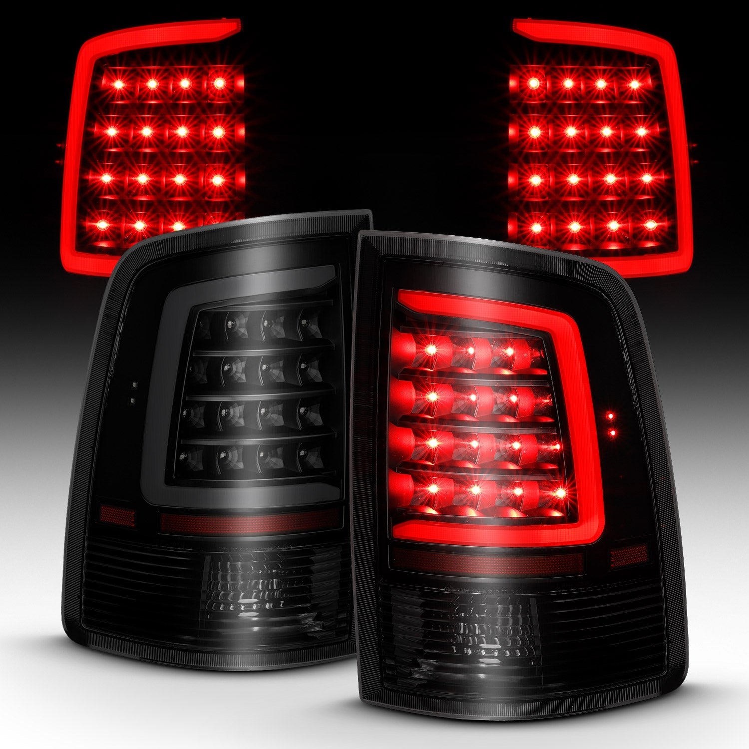DODGE RAM 1500 09-18 / 2500 3500 10-18 LED C BAR TAIL LIGHTS BLACK SMOKE LENS (NOT FOR OE LED TAIL LIGHT MODELS)