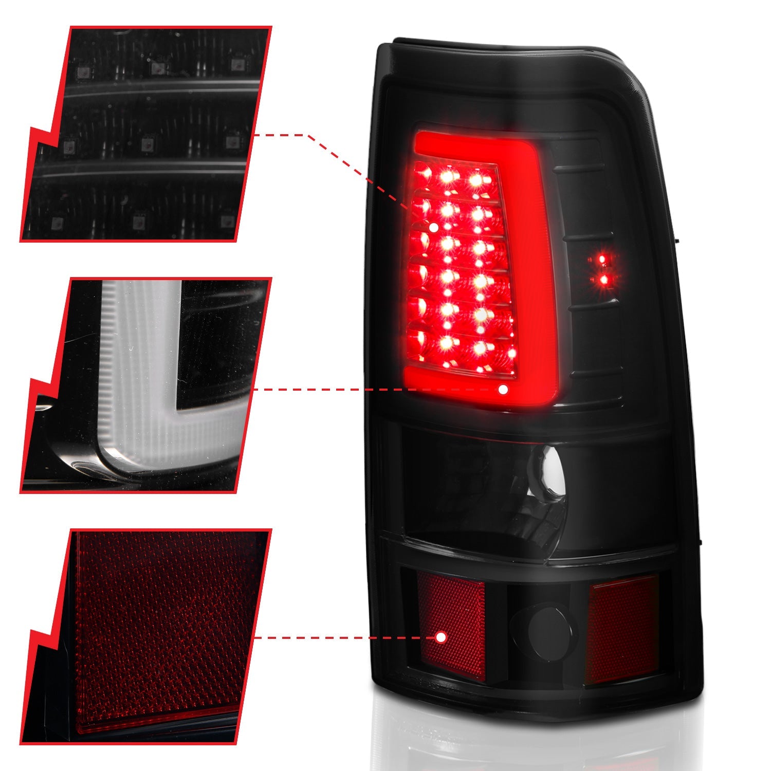 CHEVY SILVERADO 1500/2500 99-02 / 3500 01-03 / GMC SIERRA 1500/2500 99-06 LED C BAR STYLE TAIL LIGHTS BLACK SMOKE LENS