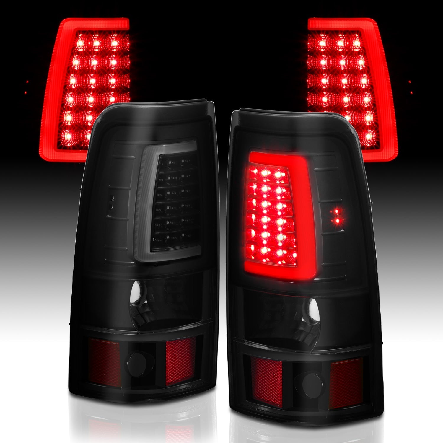 CHEVY SILVERADO 1500/2500 99-02 / 3500 01-03 / GMC SIERRA 1500/2500 99-06 LED C BAR STYLE TAIL LIGHTS BLACK SMOKE LENS