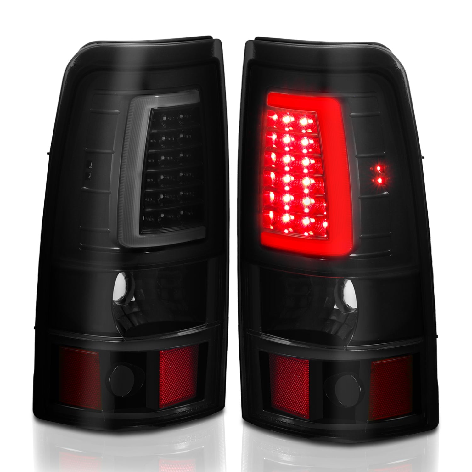 CHEVY SILVERADO 1500/2500 99-02 / 3500 01-03 / GMC SIERRA 1500/2500 99-06 LED C BAR STYLE TAIL LIGHTS BLACK SMOKE LENS
