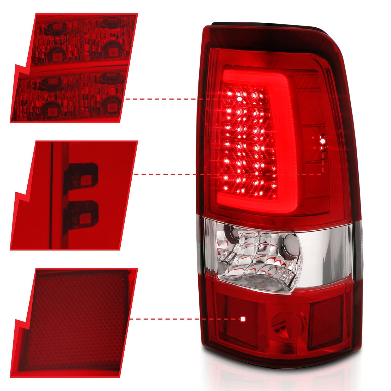 CHEVY SILVERADO 03-06 1500/2500/3500 / 07 SILVERADO CLASSIC LED C BAR STYLE TAIL LIGHTS CHROME RED LENS (SINGLE REAR WHEEL)