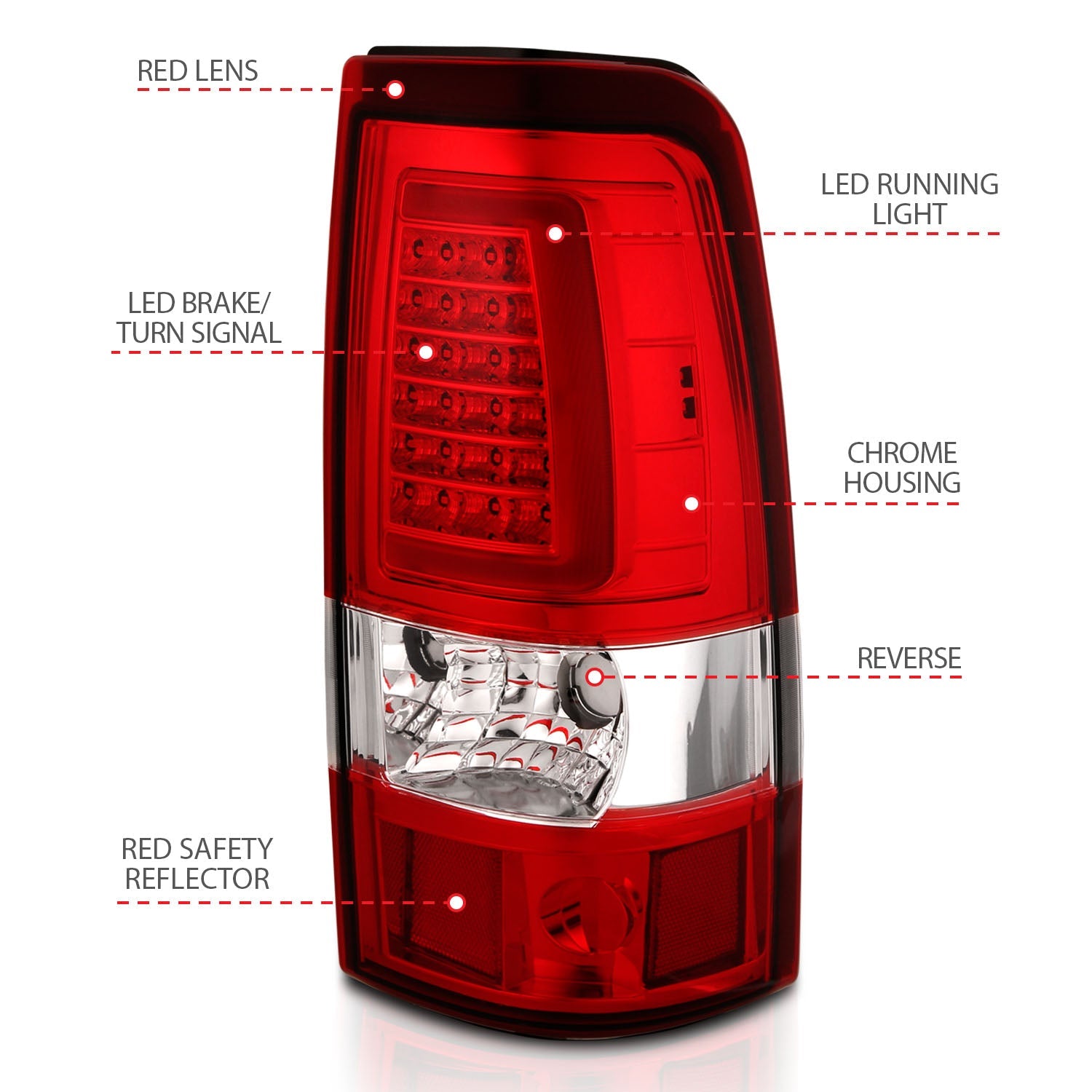 CHEVY SILVERADO 03-06 1500/2500/3500 / 07 SILVERADO CLASSIC LED C BAR STYLE TAIL LIGHTS CHROME RED LENS (SINGLE REAR WHEEL)