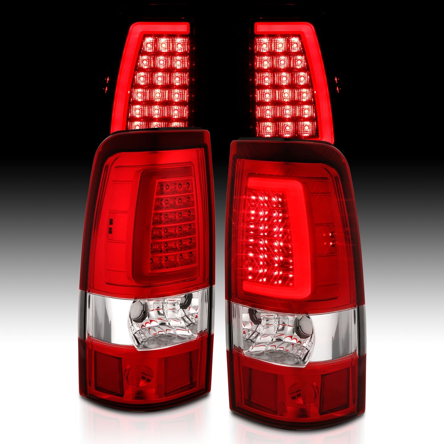 CHEVY SILVERADO 03-06 1500/2500/3500 / 07 SILVERADO CLASSIC LED C BAR STYLE TAIL LIGHTS CHROME RED LENS (SINGLE REAR WHEEL)