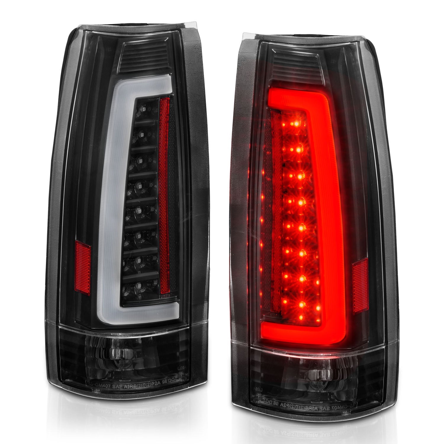 CHEVY/GMC C/K 1500/2500 88-98 / C/K 3500 88-00 / SUBURBAN 92-99 / TAHOE 95-99 / BLAZER (FULL SIZE) 92-94 / YUKON 92-99 / CADILLAC ESCALADE 99-00 LED C BAR TAIL LIGHTS BLACK