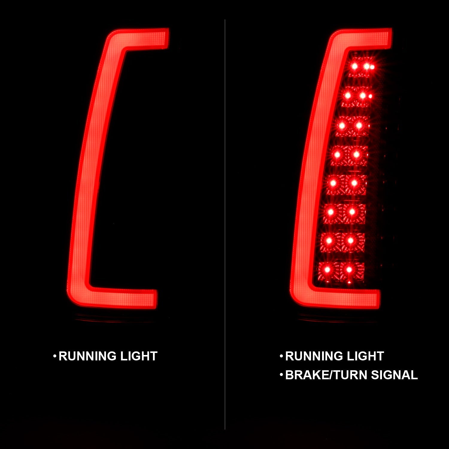 CHEVY/GMC C/K 1500/2500 88-98 / C/K 3500 88-00 / SUBURBAN 92-99 / TAHOE 95-99 / BLAZER (FULL SIZE) 92-94 / YUKON 92-99 / CADILLAC ESCALADE 99-00 LED C-BAR TAIL LIGHTS BLACK SMOKE LENS