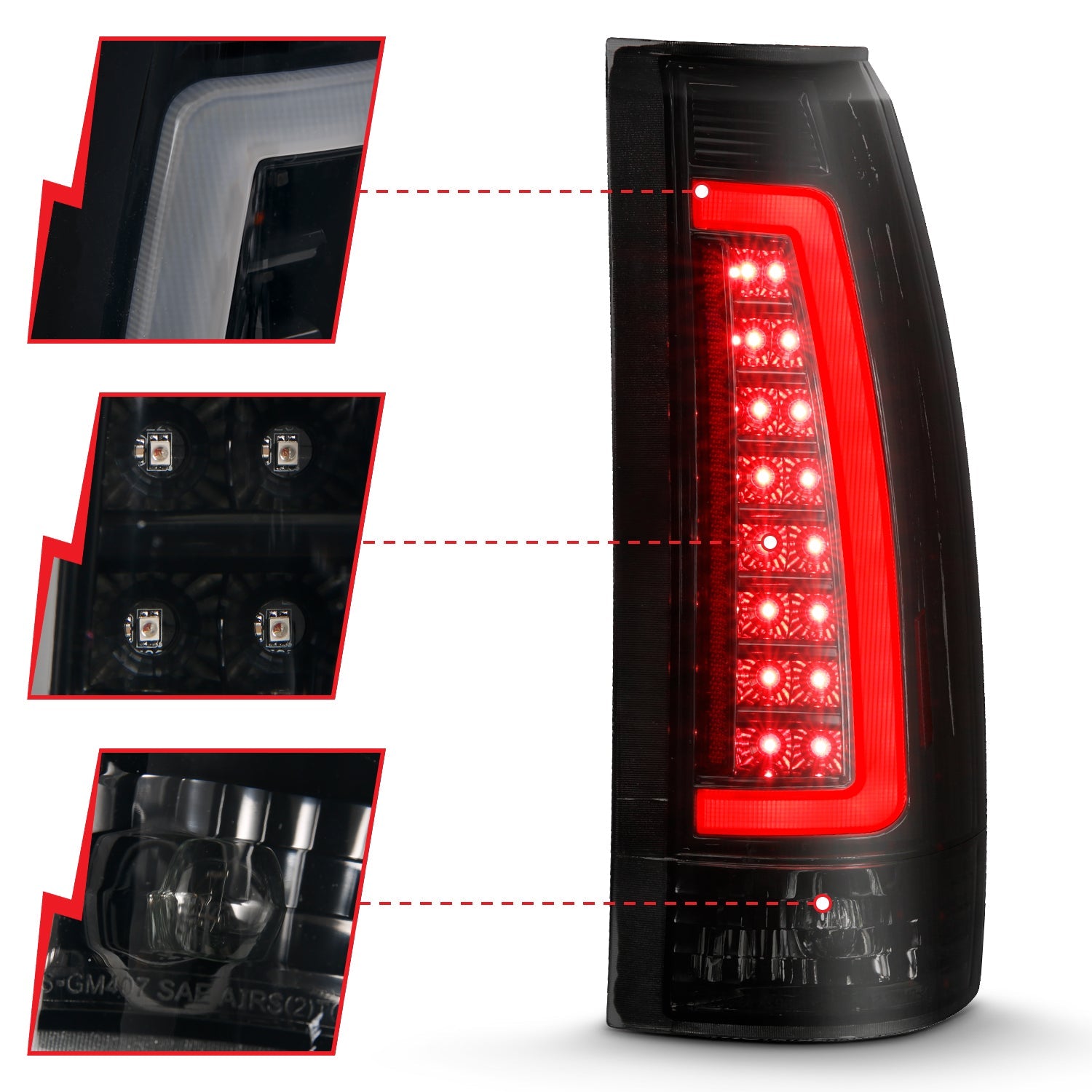 CHEVY/GMC C/K 1500/2500 88-98 / C/K 3500 88-00 / SUBURBAN 92-99 / TAHOE 95-99 / BLAZER (FULL SIZE) 92-94 / YUKON 92-99 / CADILLAC ESCALADE 99-00 LED C-BAR TAIL LIGHTS BLACK SMOKE LENS