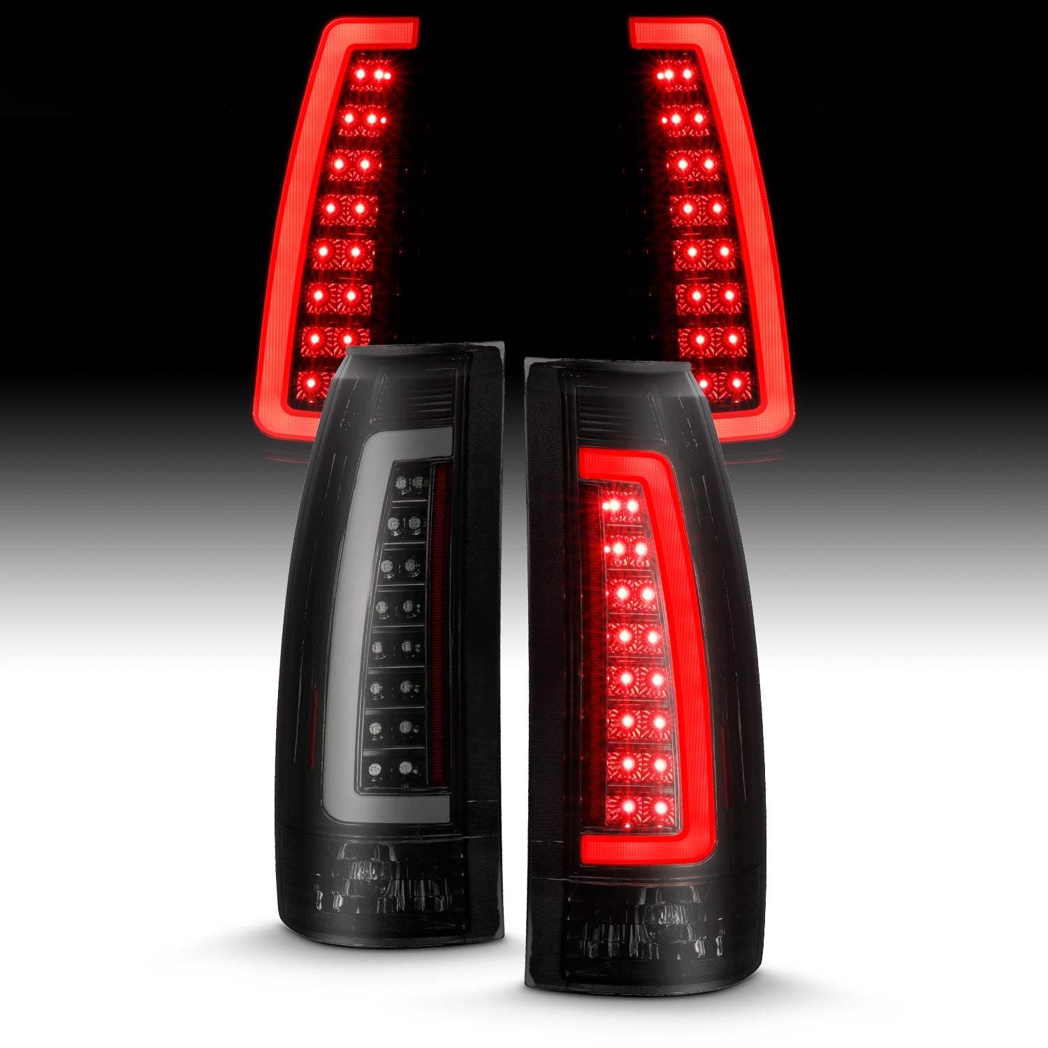 CHEVY/GMC C/K 1500/2500 88-98 / C/K 3500 88-00 / SUBURBAN 92-99 / TAHOE 95-99 / BLAZER (FULL SIZE) 92-94 / YUKON 92-99 / CADILLAC ESCALADE 99-00 LED C-BAR TAIL LIGHTS BLACK SMOKE LENS