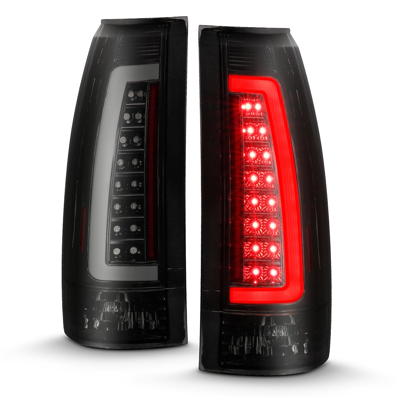 CHEVY/GMC C/K 1500/2500 88-98 / C/K 3500 88-00 / SUBURBAN 92-99 / TAHOE 95-99 / BLAZER (FULL SIZE) 92-94 / YUKON 92-99 / CADILLAC ESCALADE 99-00 LED C-BAR TAIL LIGHTS BLACK SMOKE LENS