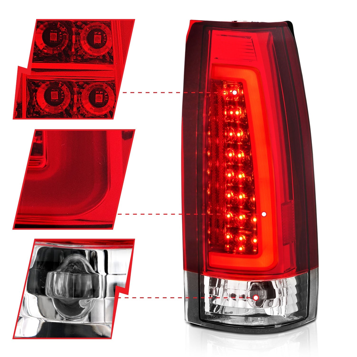 CHEVY/GMC C/K 1500/2500 88-98 / C/K 3500 88-00 / SUBURBAN 92-99 / TAHOE 95-99 / BLAZER (FULL SIZE) 92-94 / YUKON 92-99 / CADILLAC ESCALADE 99-00 LED C-BAR TAIL LIGHTS CHROME RED/CLEAR LENS