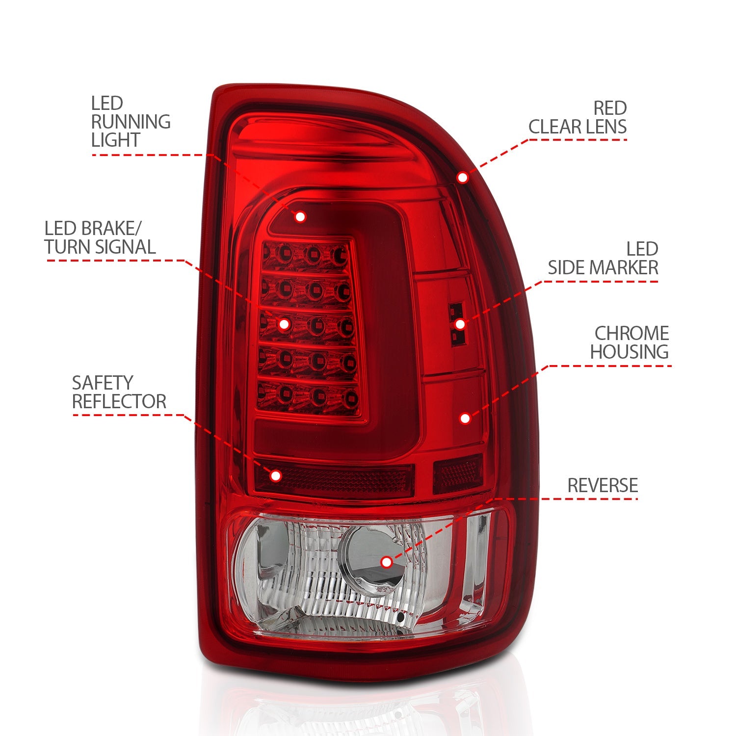 DODGE DAKOTA 97-04 LED BAR STYLE TAIL LIGHTS CHROME RED/CLEAR LENS