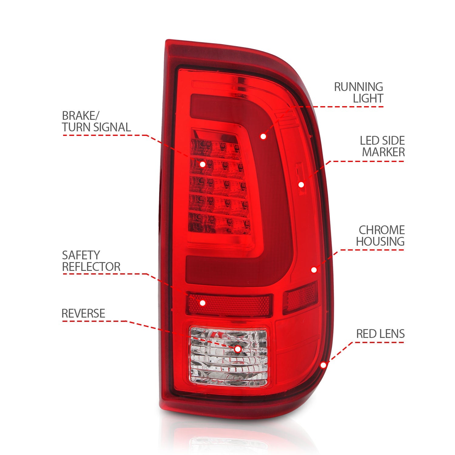 FORD F-250/F-350/F-450/F-550 SUPER DUTY 08-16 LED C BAR TAIL LIGHTS CHROME RED/CLEAR LENS