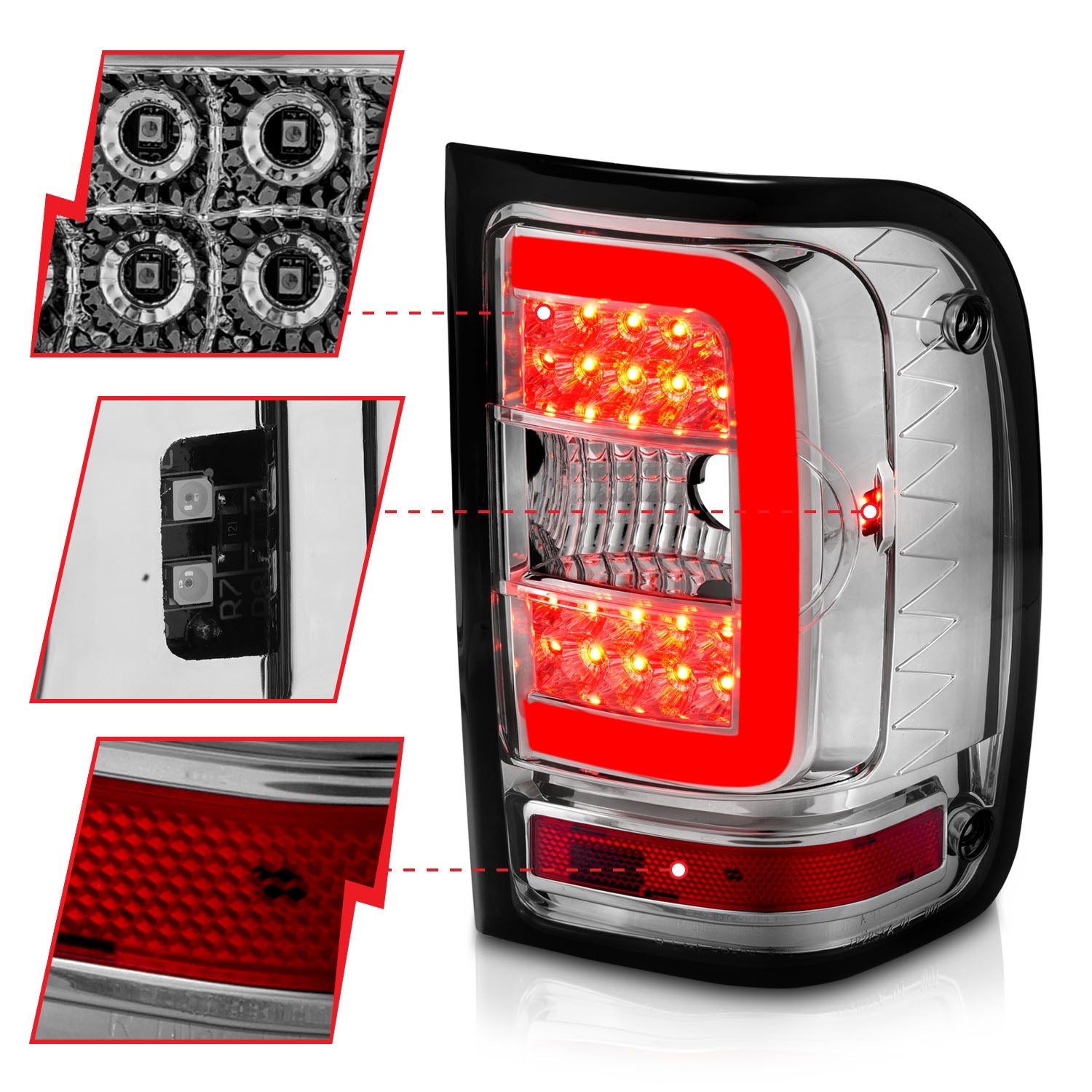 FORD RANGER 01-11 LED C BAR TAIL LIGHTS CHROME CLEAR LENS (NOT FOR 05-07 STX MODELS)