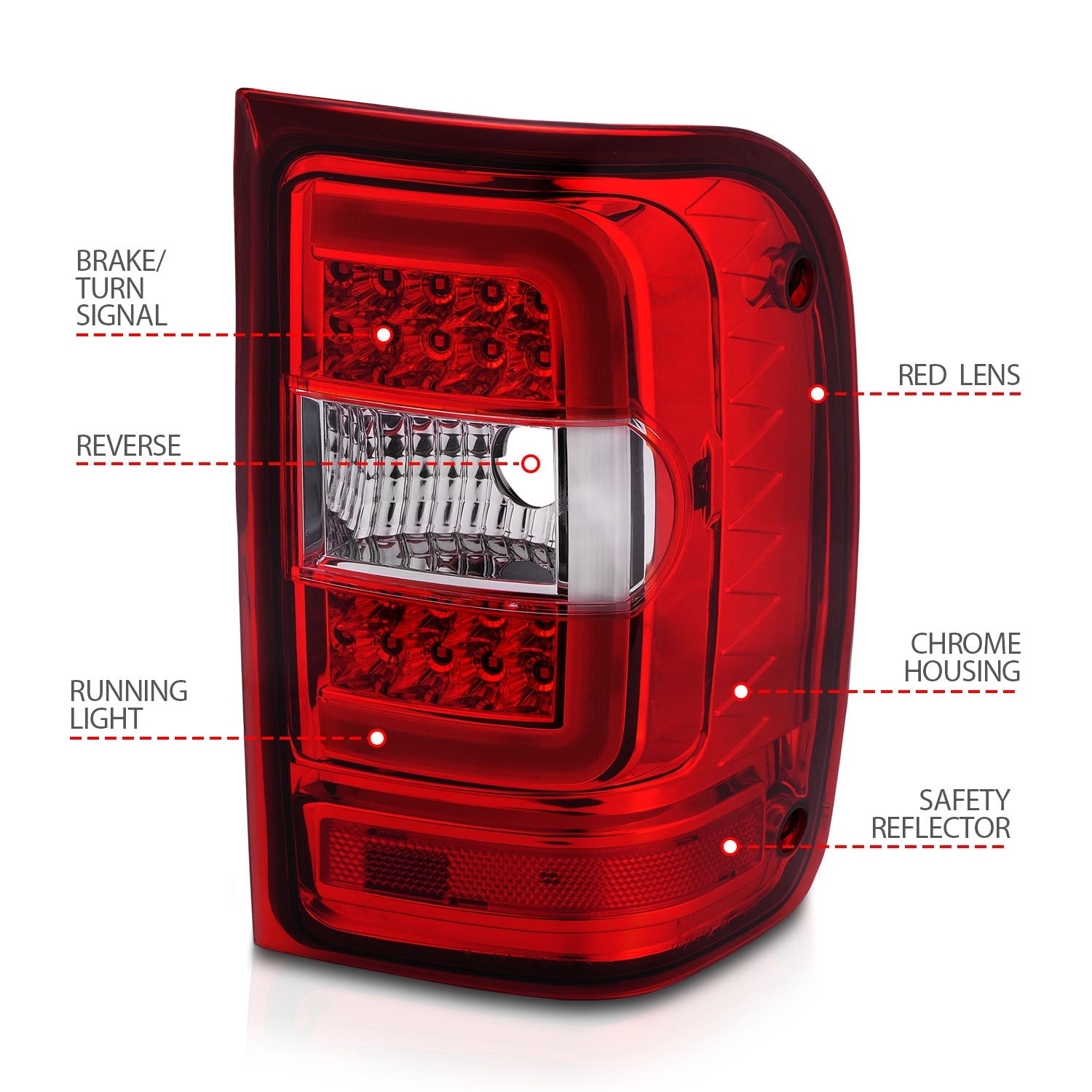 FORD RANGER 01-11 LED C BAR TAIL LIGHTS CHROME RED/CLEAR LENS (NOT FOR 05-07 STX MODELS)