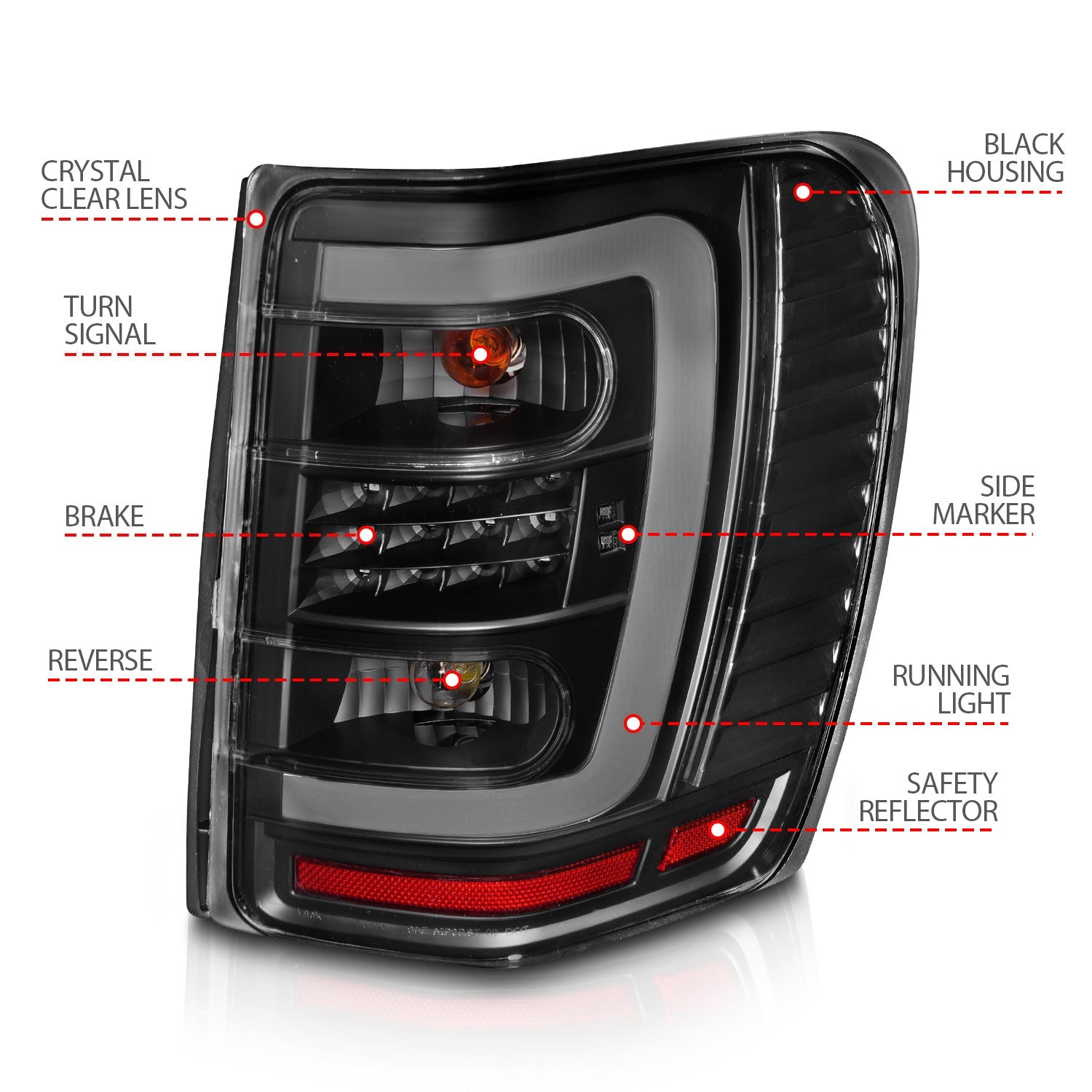 JEEP GRAND CHEROKEE 99-04 LED C BAR TAIL LIGHTS BLACK CLEAR LENS
