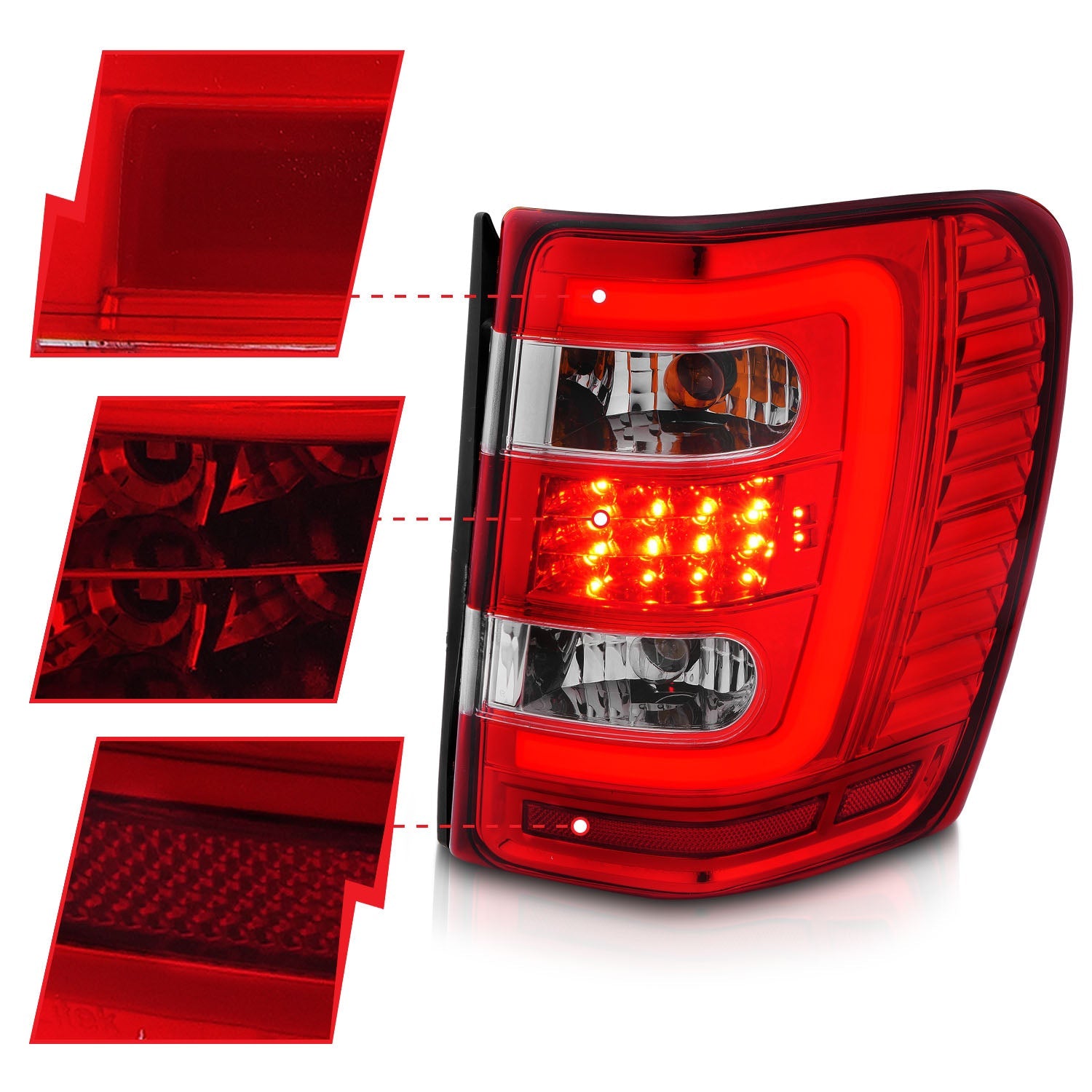 JEEP GRAND CHEROKEE 99-04 LED C BAR TAIL LIGHTS CHROME RED/CLEAR LENS