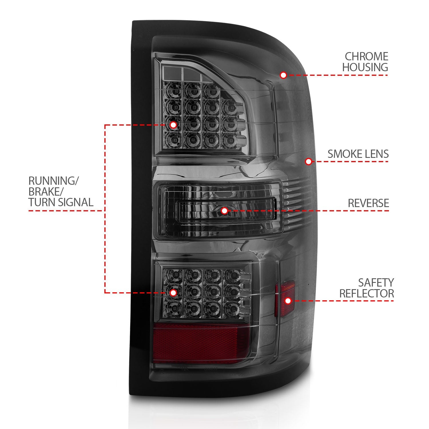 GMC SIERRA 1500 14-18 / 2500HD/3500HD 15-19 LED TAIL LIGHTS CHROME SMOKE LENS (SINGLE REAR WHEEL)(NOT FOR OE FACTORY LED MODELS)
