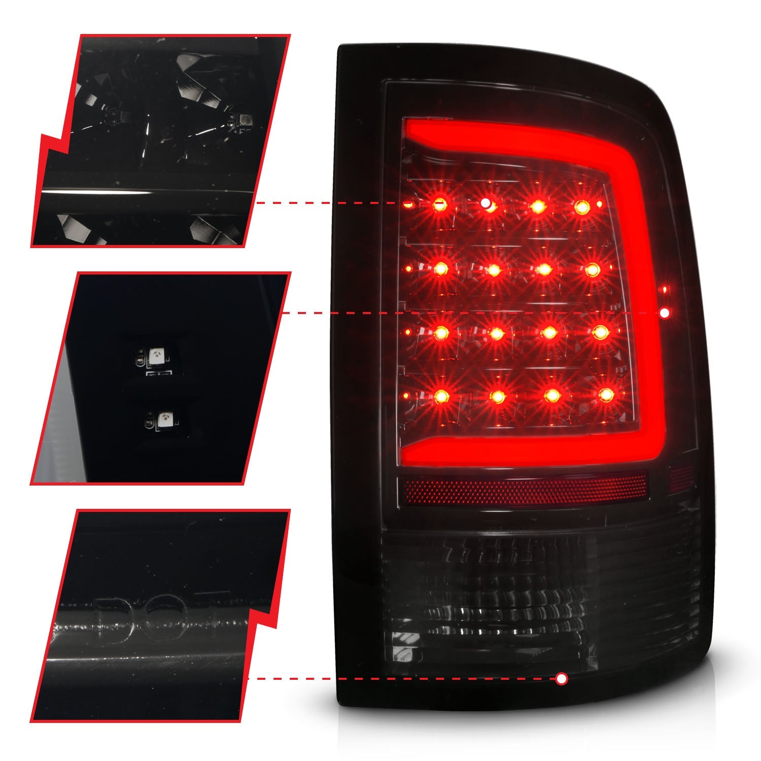 DODGE RAM 1500 09-18 / RAM 2500/3500 10-18 LED TAIL LIGHTS BLACK SMOKE LENS W/ SEQUENTIAL (NOT FOR OE LED TAIL LIGHT MODELS)