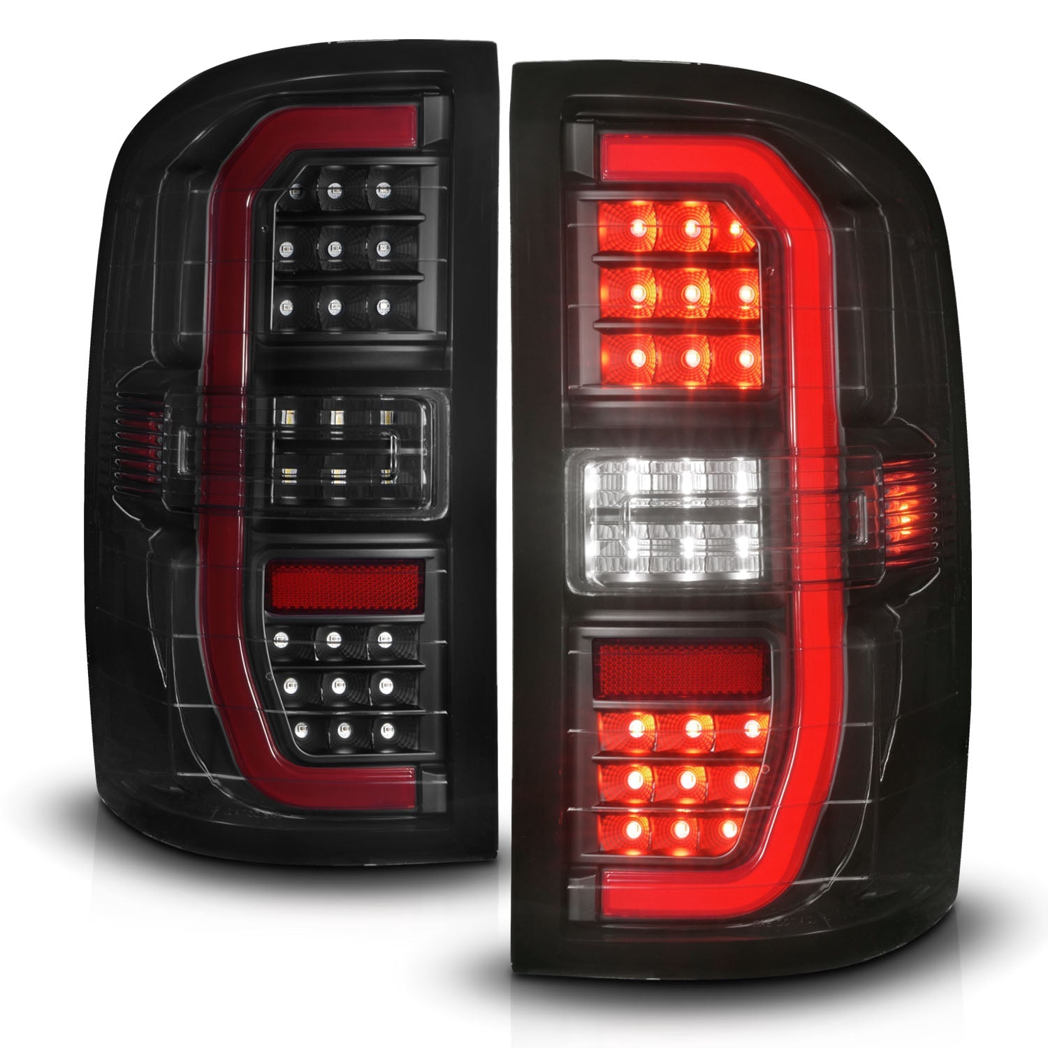 GMC SIERRA 1500 14-18 / 2500HD/3500HD 15-19 FULL LED C BAR STYLE TAIL LIGHTS BLACK SMOKE LENS W/ SEQUENTIAL SIGNAL (DOES NOT FIT OE FACTORY LED MODELS)