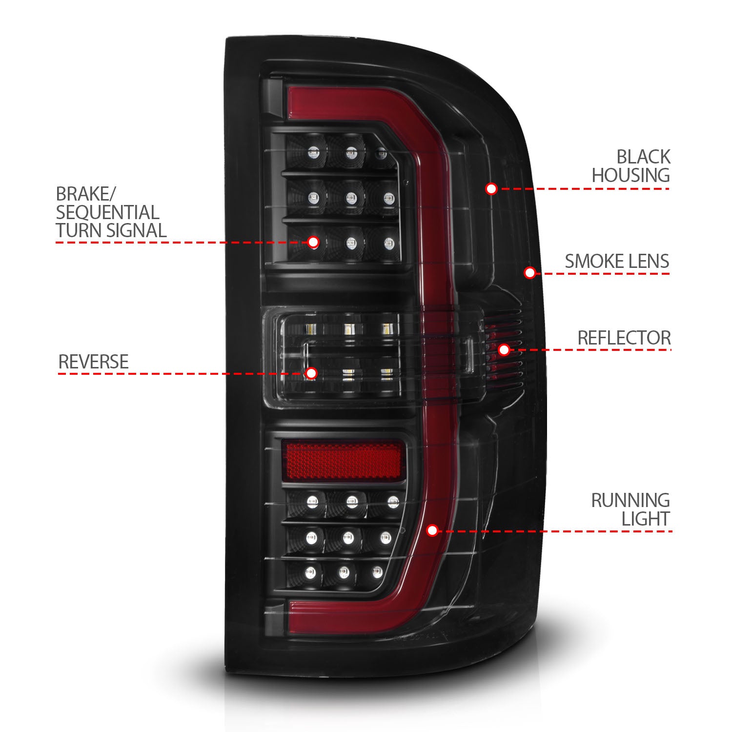GMC SIERRA 1500 14-18 / 2500HD/3500HD 15-19 FULL LED C BAR STYLE TAIL LIGHTS BLACK SMOKE LENS W/ SEQUENTIAL SIGNAL (DOES NOT FIT OE FACTORY LED MODELS)