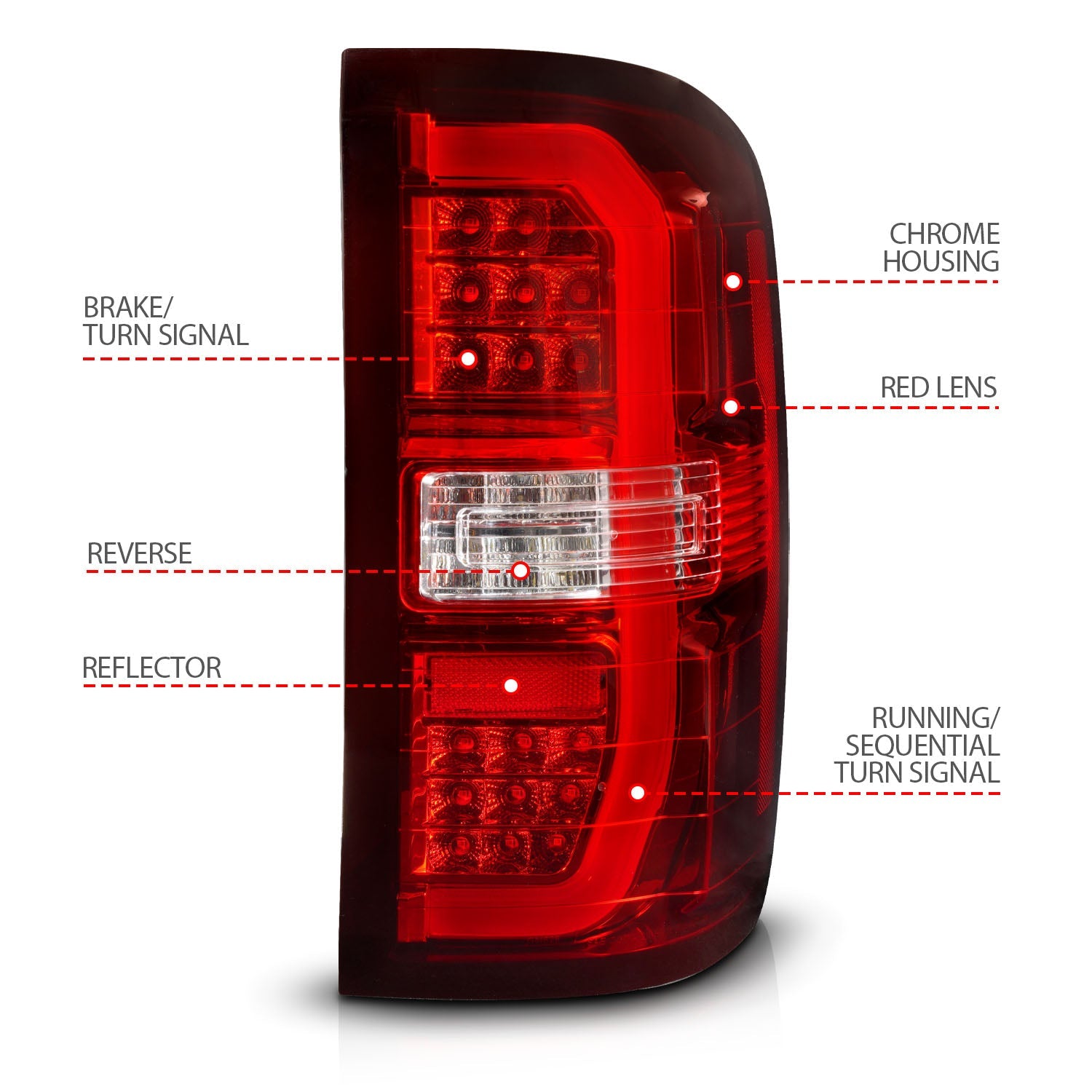 GMC SIERRA 1500 14-18 / 2500HD/3500HD 15-19 FULL LED C BAR STYLE TAIL LIGHTS CHROME RED/CLEAR LENS W/ SEQUENTIAL SIGNAL (DOES NOT FIT OE FACTORY LED MODELS)