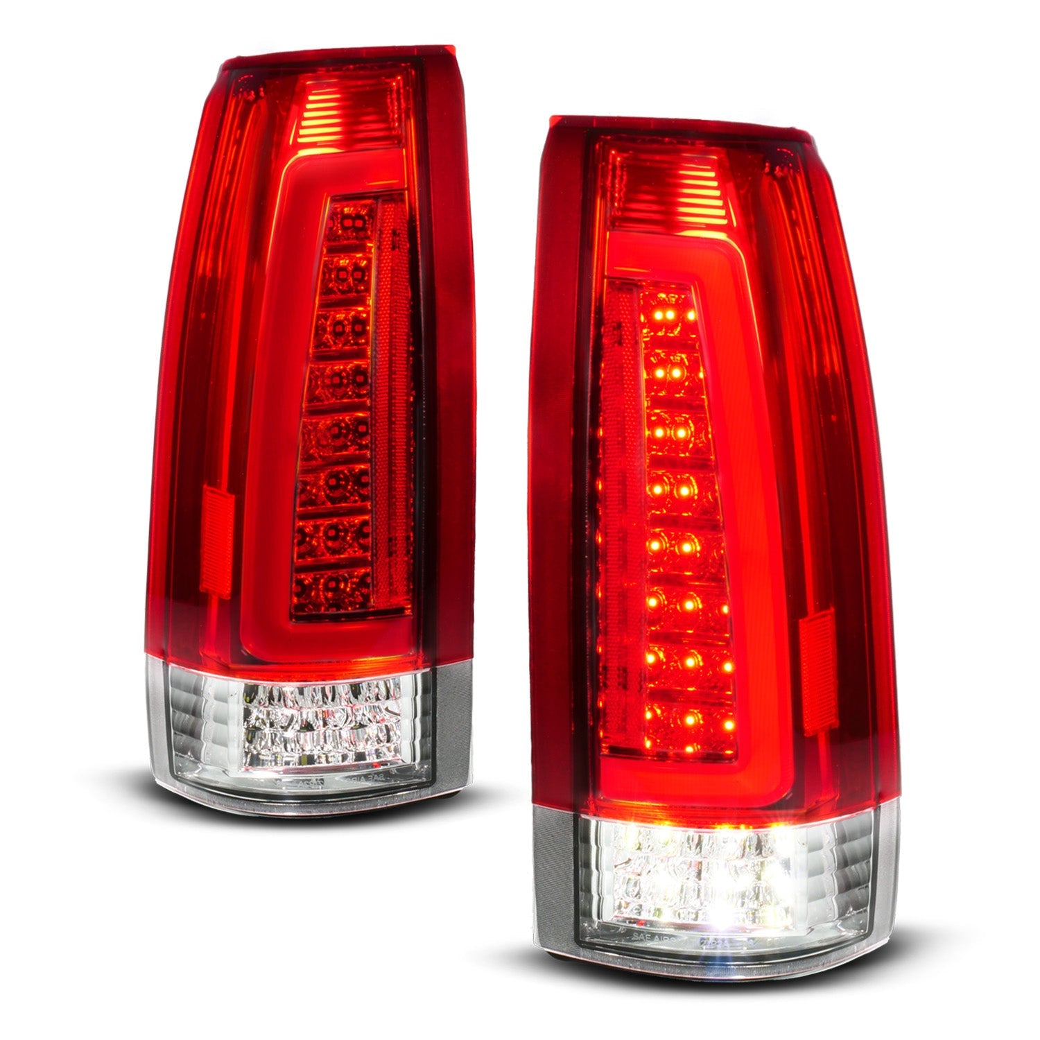 CHEVY/GMC C/K 1500/2500 88-98 / C/K 3500 88-00 / SUBURBAN 92-99 / TAHOE 95-99 / BLAZER (FULL SIZE) 92-94 / YUKON 92-99 / CADILLAC ESCALADE 99-00 LED TAIL LIGHTS RED/CLEAR LENS (SEQUENTIAL SIGNAL)