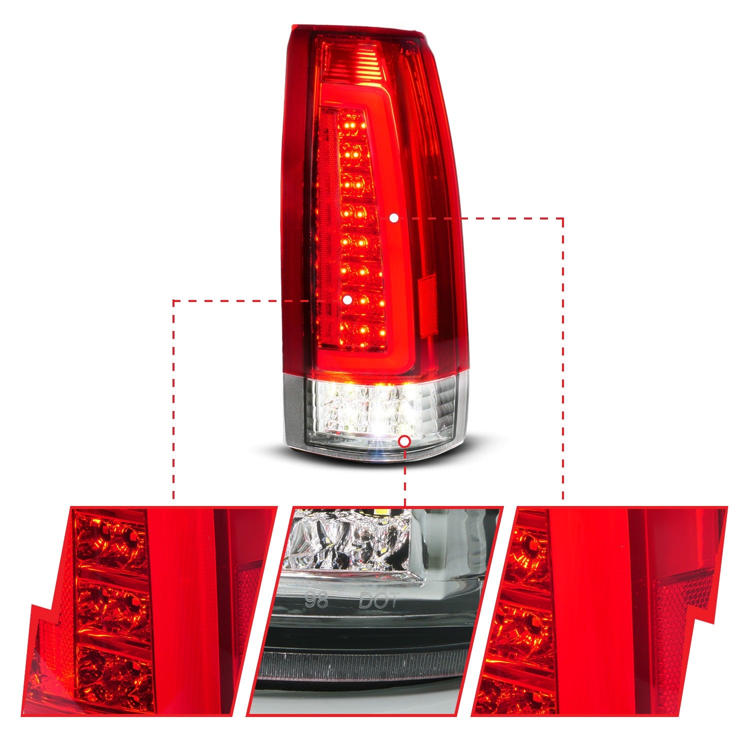 CHEVY/GMC C/K 1500/2500 88-98 / C/K 3500 88-00 / SUBURBAN 92-99 / TAHOE 95-99 / BLAZER (FULL SIZE) 92-94 / YUKON 92-99 / CADILLAC ESCALADE 99-00 LED TAIL LIGHTS RED/CLEAR LENS (SEQUENTIAL SIGNAL)