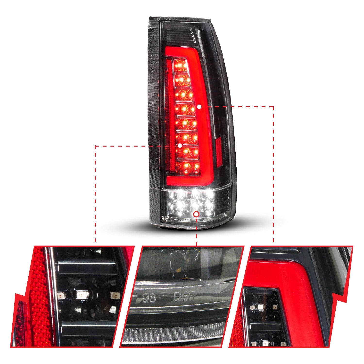 CHEVY/GMC C/K 1500/2500 88-98 / C/K 3500 88-00 / SUBURBAN 92-99 / TAHOE 95-99 / BLAZER (FULL SIZE) 92-94 / YUKON 92-99 / CADILLAC ESCALADE 99-00 LED TAIL LIGHTS BLACK HOUSING CLEAR LENS (SEQUENTIAL SIGNAL)