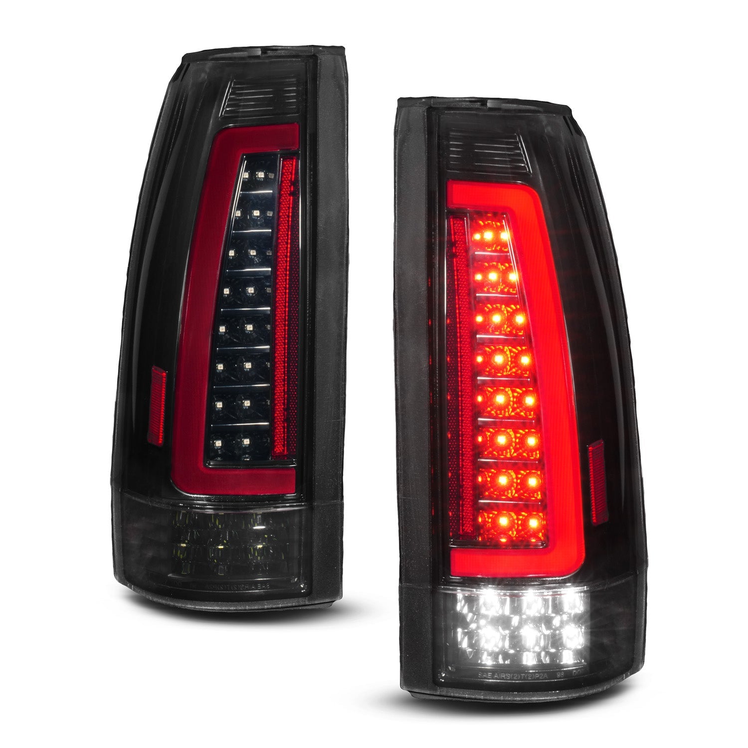 CHEVY/GMC C/K 1500/2500 88-98 / C/K 3500 88-00 / SUBURBAN 92-99 / TAHOE 95-99 / BLAZER (FULL SIZE) 92-94 / YUKON 92-99 / CADILLAC ESCALADE 99-00 LED TAIL LIGHTS BLACK HOUSING SMOKE LENS (SEQUENTIAL SIGNAL)