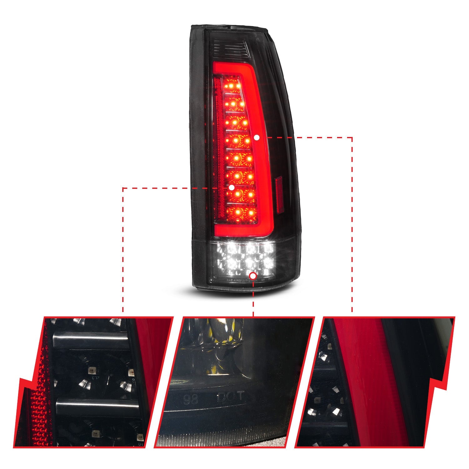 CHEVY/GMC C/K 1500/2500 88-98 / C/K 3500 88-00 / SUBURBAN 92-99 / TAHOE 95-99 / BLAZER (FULL SIZE) 92-94 / YUKON 92-99 / CADILLAC ESCALADE 99-00 LED TAIL LIGHTS BLACK HOUSING SMOKE LENS (SEQUENTIAL SIGNAL)