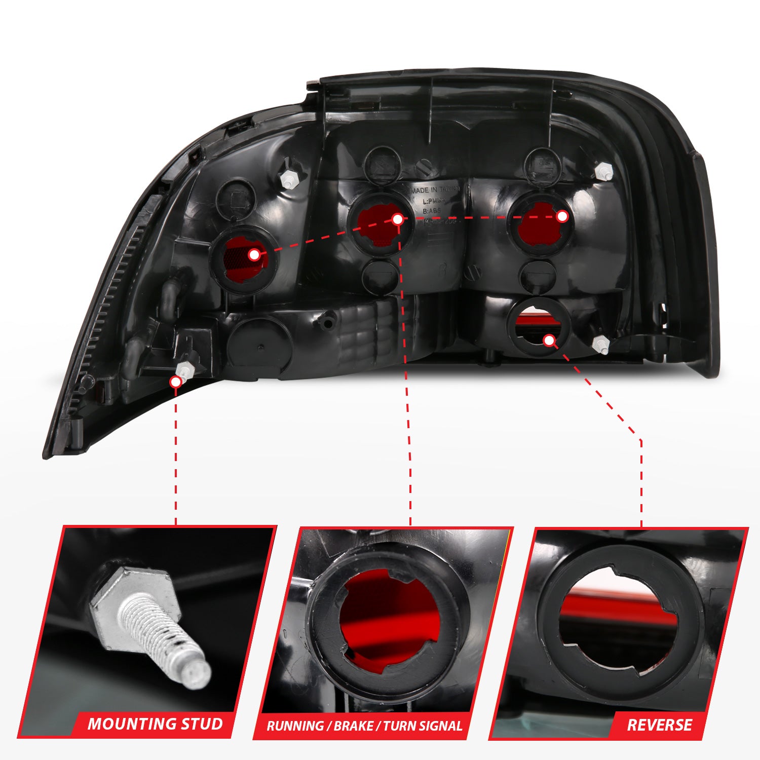 FORD MUSTANG 96-98 TAIL LIGHTS BLACK RED LENS (OE STYLE)