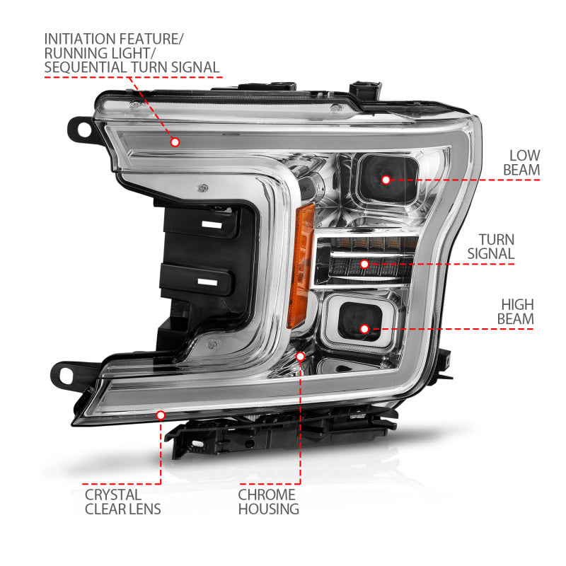 ANZO 18-20 Ford F-150 (w/o Fctry LED) Full LED Proj Headlights w/Light Bar Swtchbk Seq. Chrome w/Int-SR1 Performance