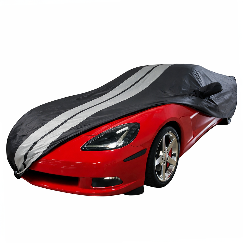 Corvette Ultraguard PEVA Car Cover - Indoor/Outdoor Waterproof Protection - Black W/ Gray Stripes : 2005-2013 C6, Z06, Grand Sport, ZR1