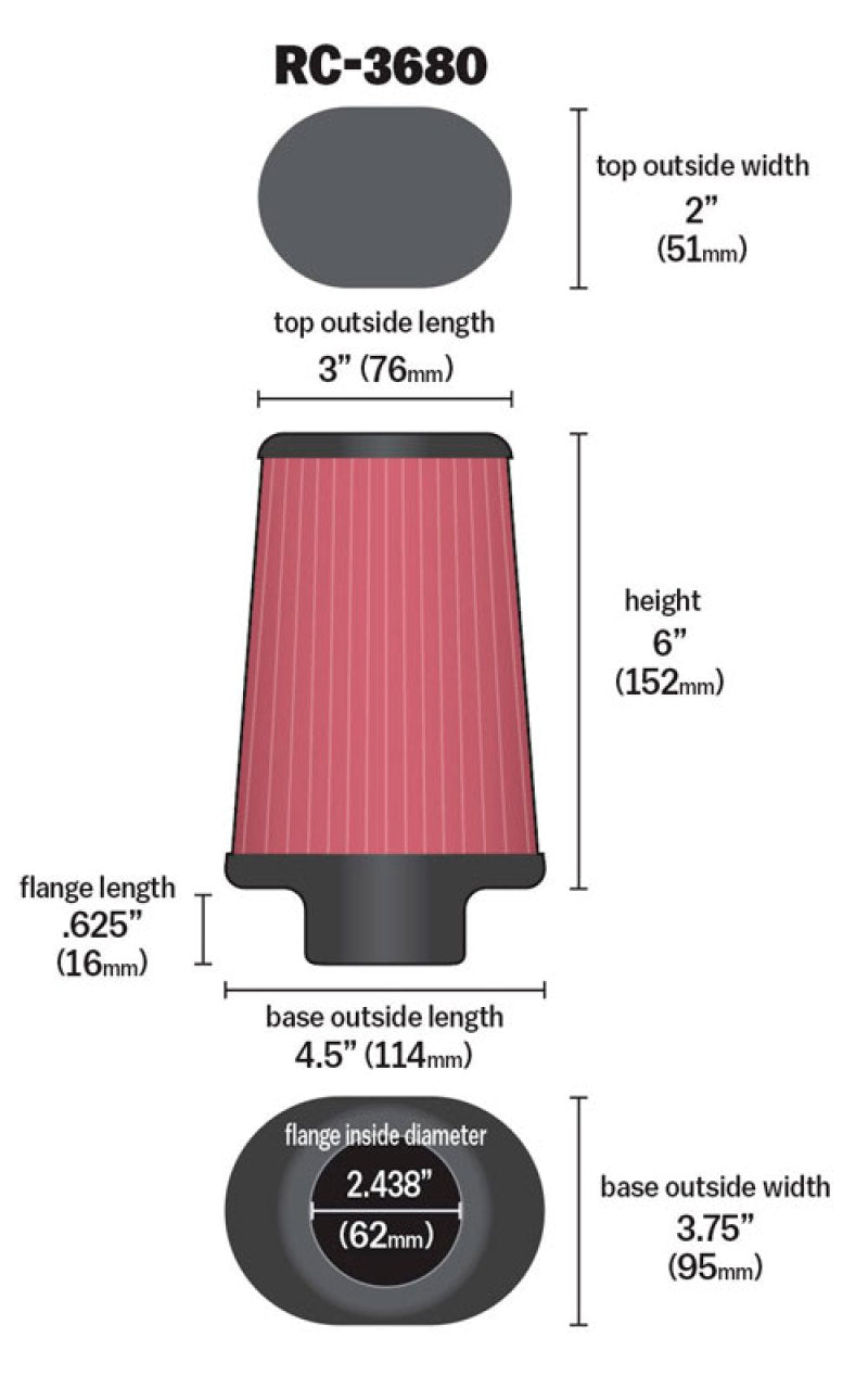 K&N Universal Clamp-On Air Filter 2-7/16in Flange 4-1/2x3-3/4in Base 3x2in Top 6in Height-SR1 Performance