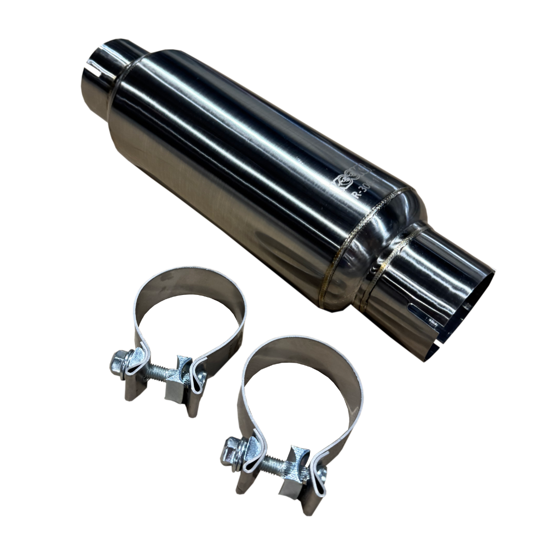 3” Round Clamp In Muffler 10” Long Body.  Polished Stainless Steel.