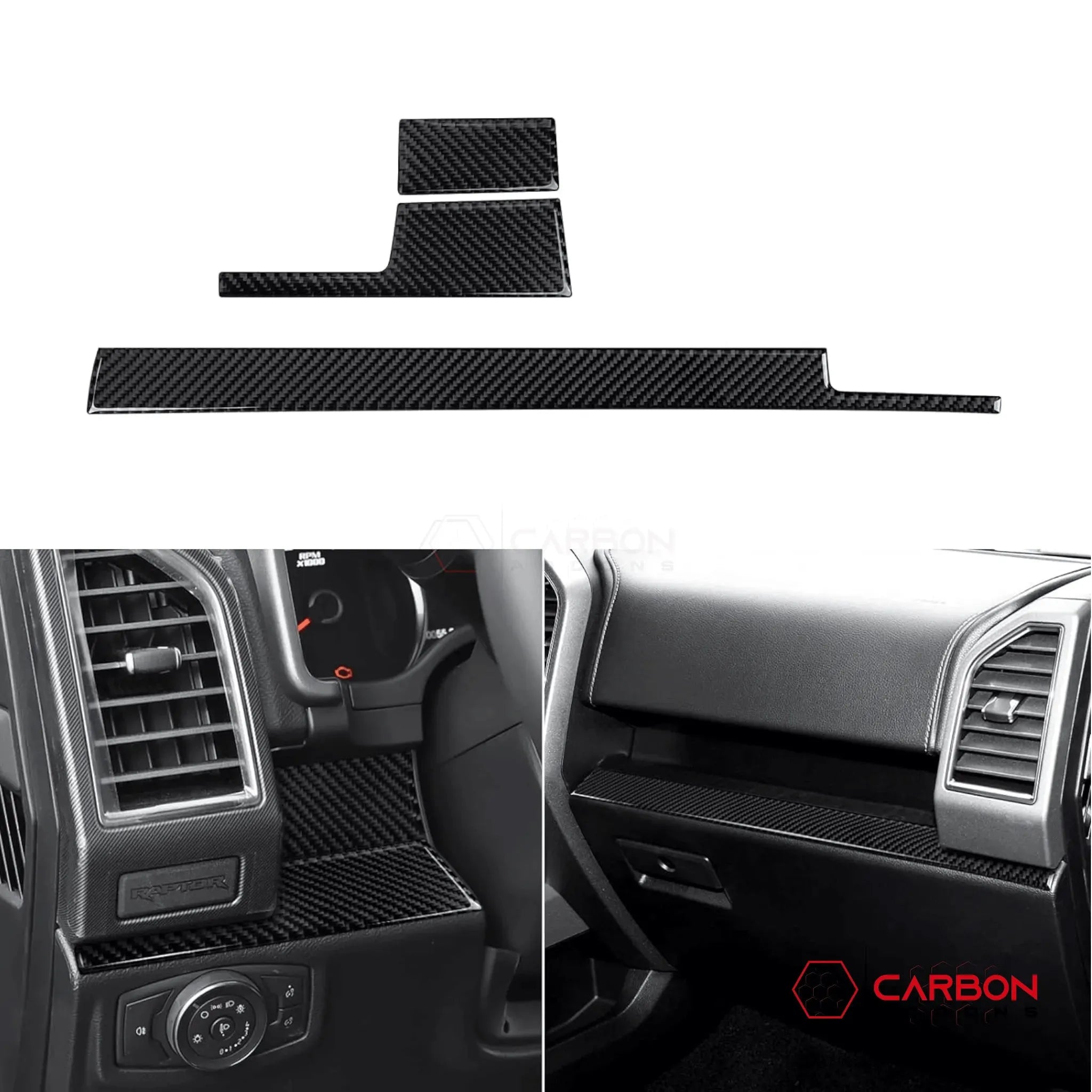 [3pcs] Real Carbon Fiber Dashboard Trim Overlay | 2015-2020 Ford F150 - carbonaddons Carbon Fiber Parts, Accessories, Upgrades, Mods