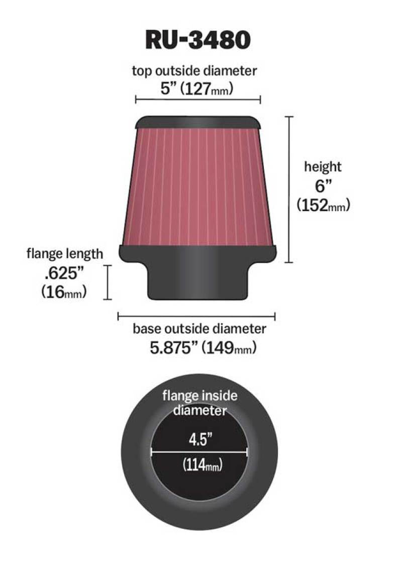 K&N Universal Rubber Filter 4 1/2 inch FLG / 5 7/8 inch Base / 5 inch Top / 6 inch Height-SR1 Performance