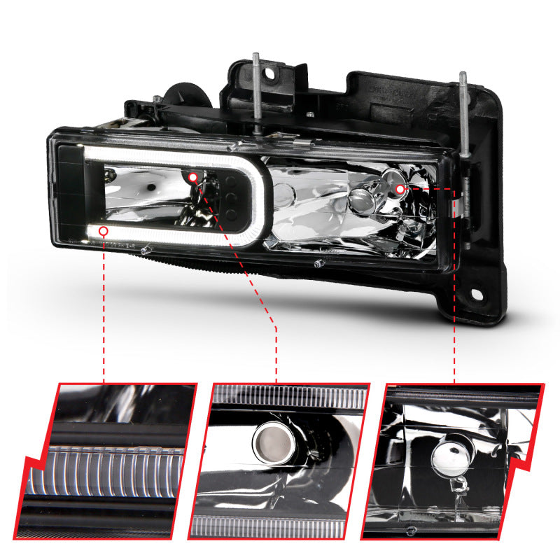 ANZO 1999-2000 Cadillac Escalade Crystal Headlights with LED Light Bar - Black Housing Pair