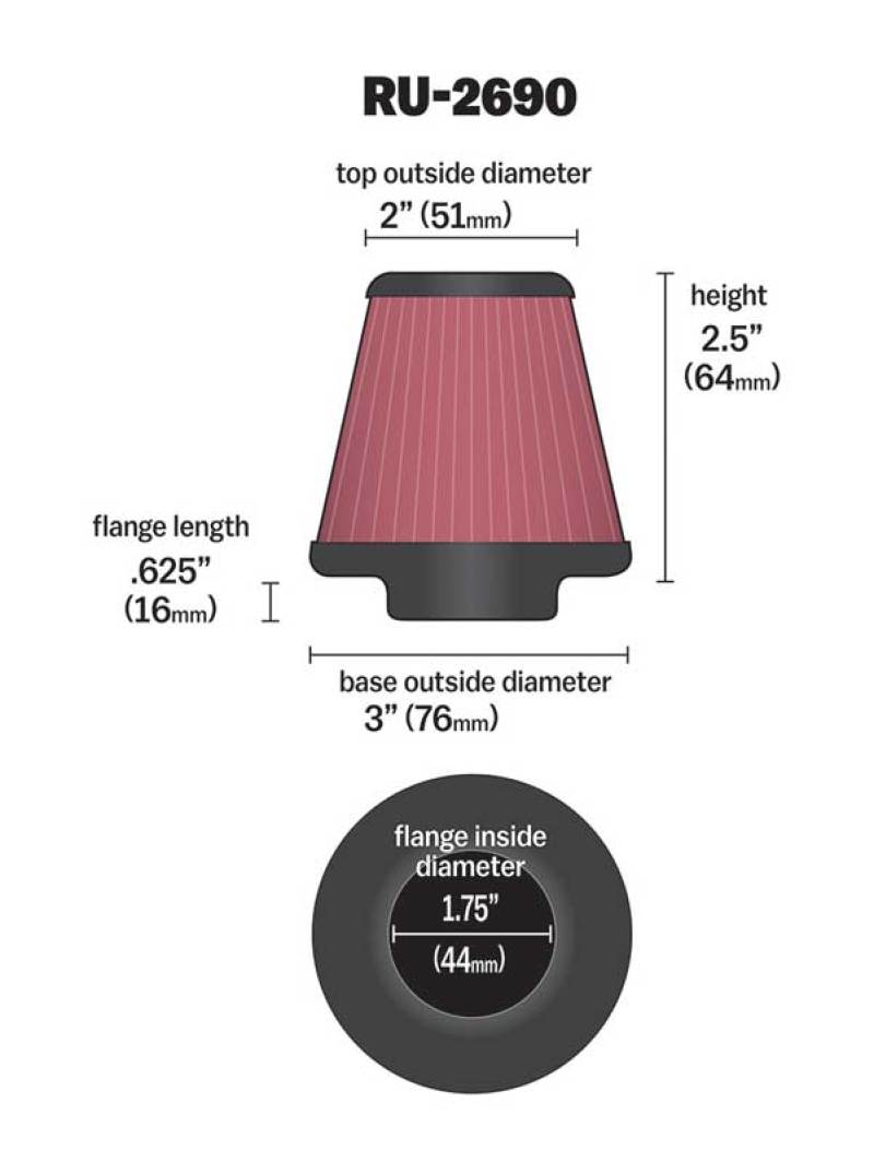 K&N Filter Universal Rubber Filter 1 3/4 inch Flange 3 inch Base 2 inch Top 2.5 inch Height-SR1 Performance