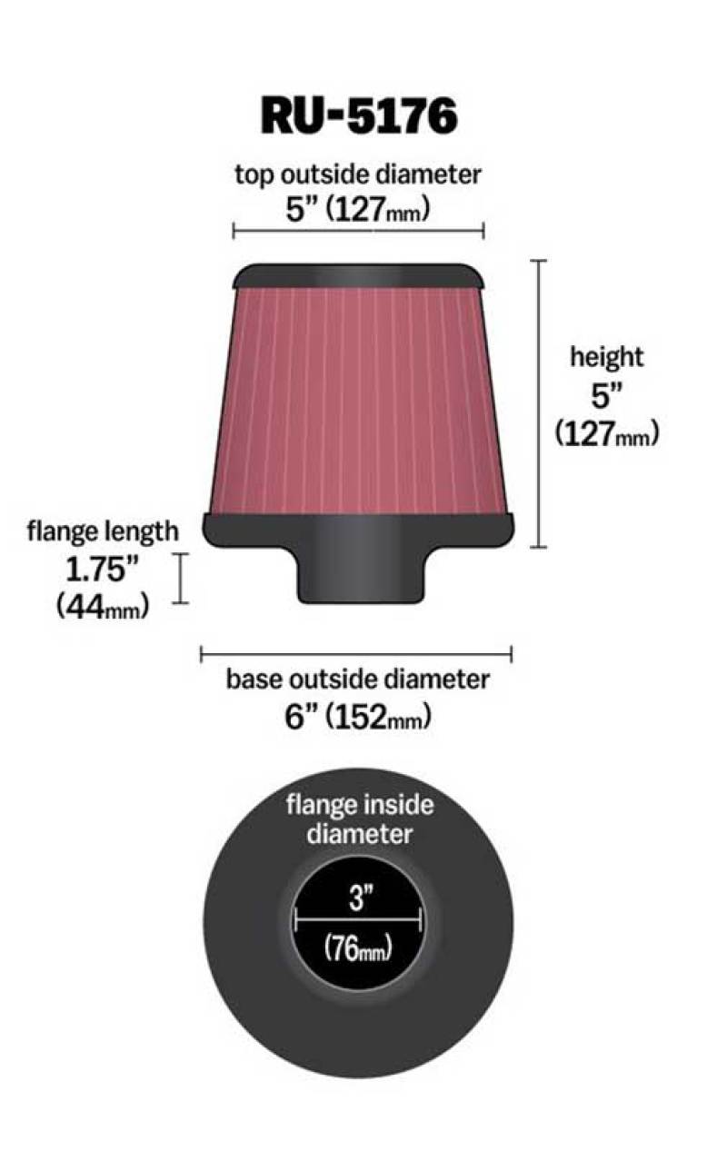 K&N Universal Rubber Filter-Round Tapered 3in Flange ID x 6in Base OD x 6in Top OD x 5in H-SR1 Performance