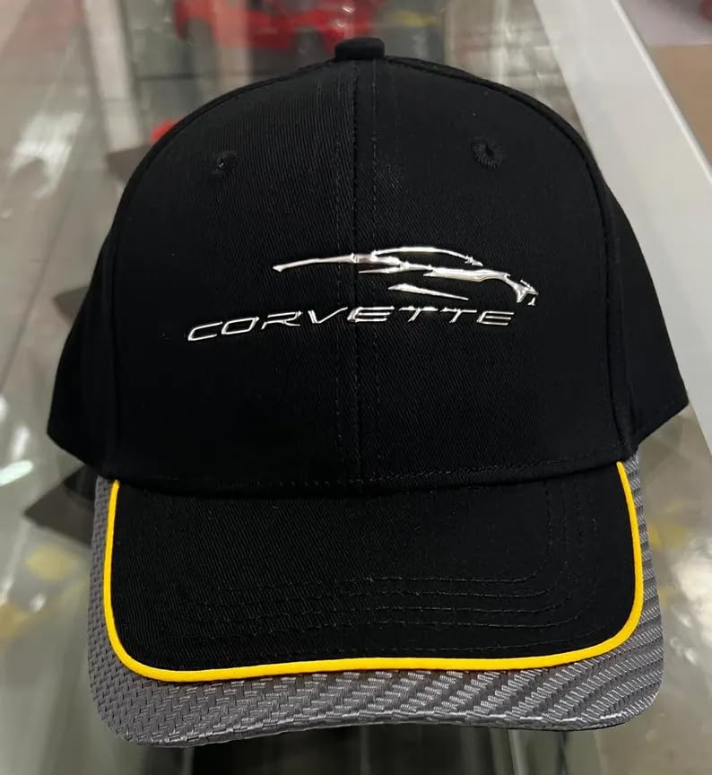 C8 Corvette Carbon Fiber Gesture Logo Hat - Black with Yellow Stripe